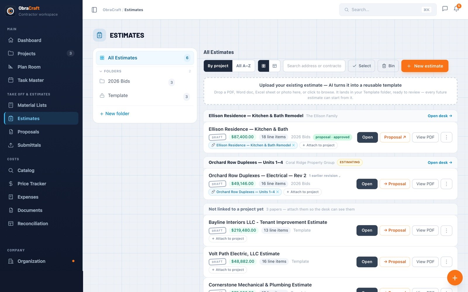 The ObraCraft estimate register — priced estimates with folders, revisions, and one-click proposals