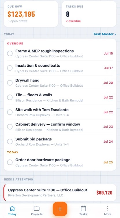 ObraCraft on a phone — the day's tasks, money due, and what needs attention