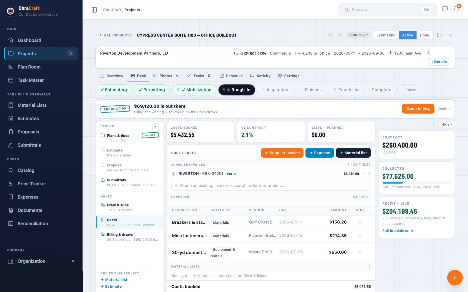 The ObraCraft Project Desk — cost ledger, contract, billing, and live profit on one surface